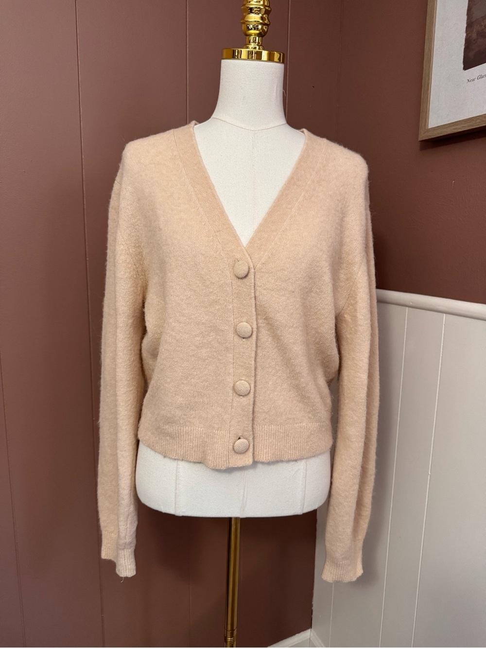 & Other Stories Beige Wool and Alpaca Blend V-Neck Button Cardigan